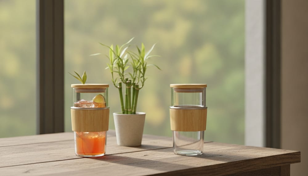 Two bamboo-lid Tronco tumblers on a wooden table by a window, one filled with an iced drink
