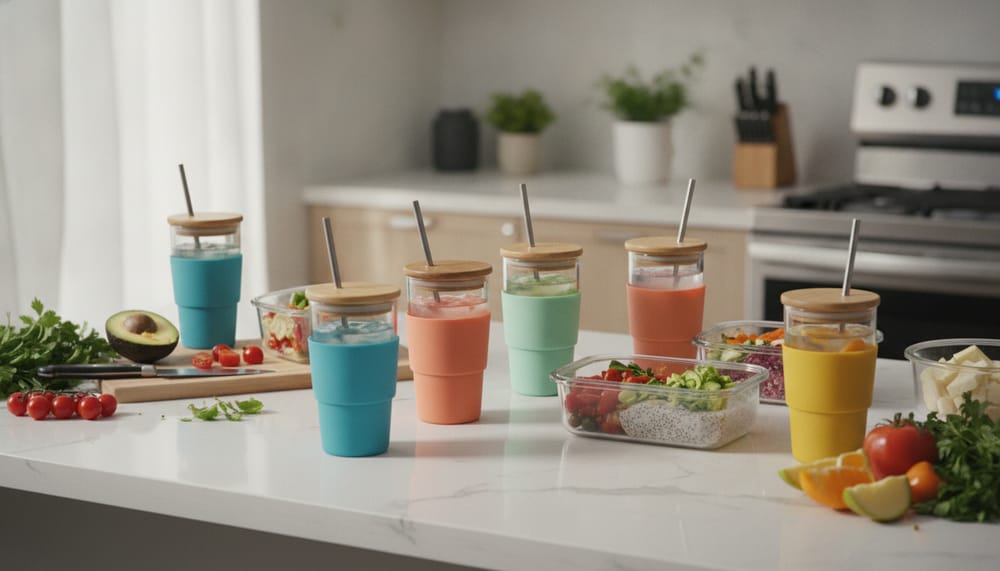 Six colorful silicone-sleeved Tronco tumblers with steel straws on a kitchen counter beside glass food containers